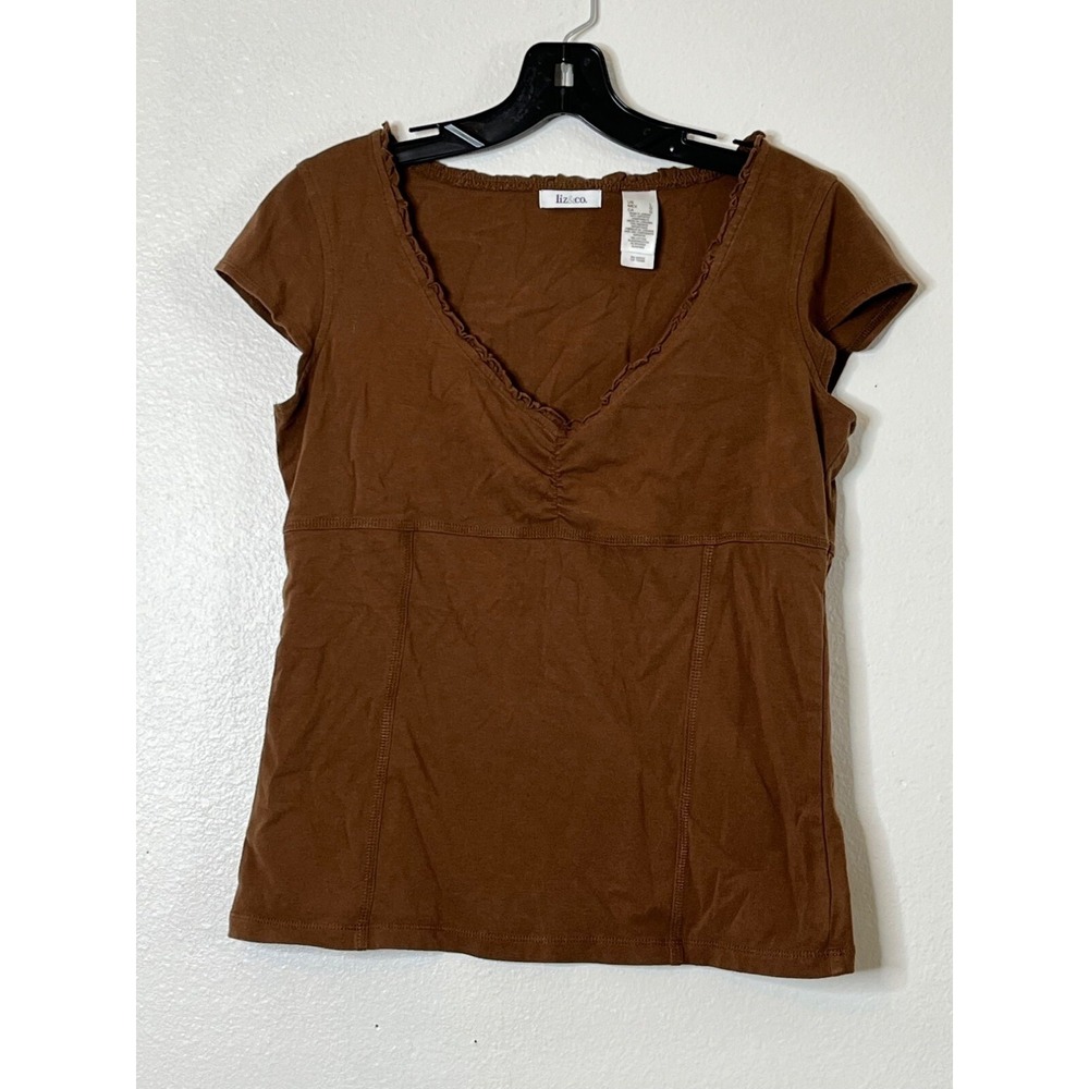 Liz & Co. Womens Brown V-Neck Ruffle Trim Cap Short Sleeve Top L